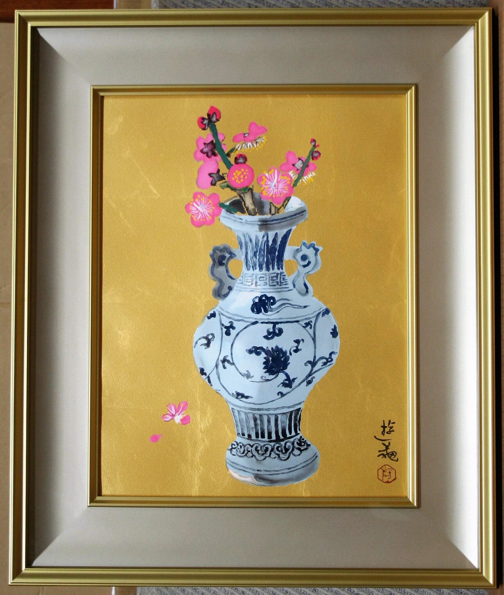 おうちギャラリー小倉遊亀先生の「瓶花（壷に紅梅）」版画を紹介します 
